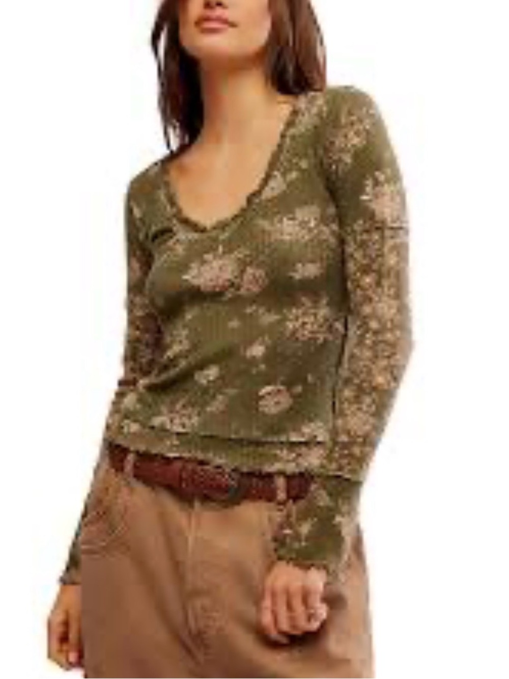 Free People Olive Green Floral Long-Sleeve Scoop Neck Top
